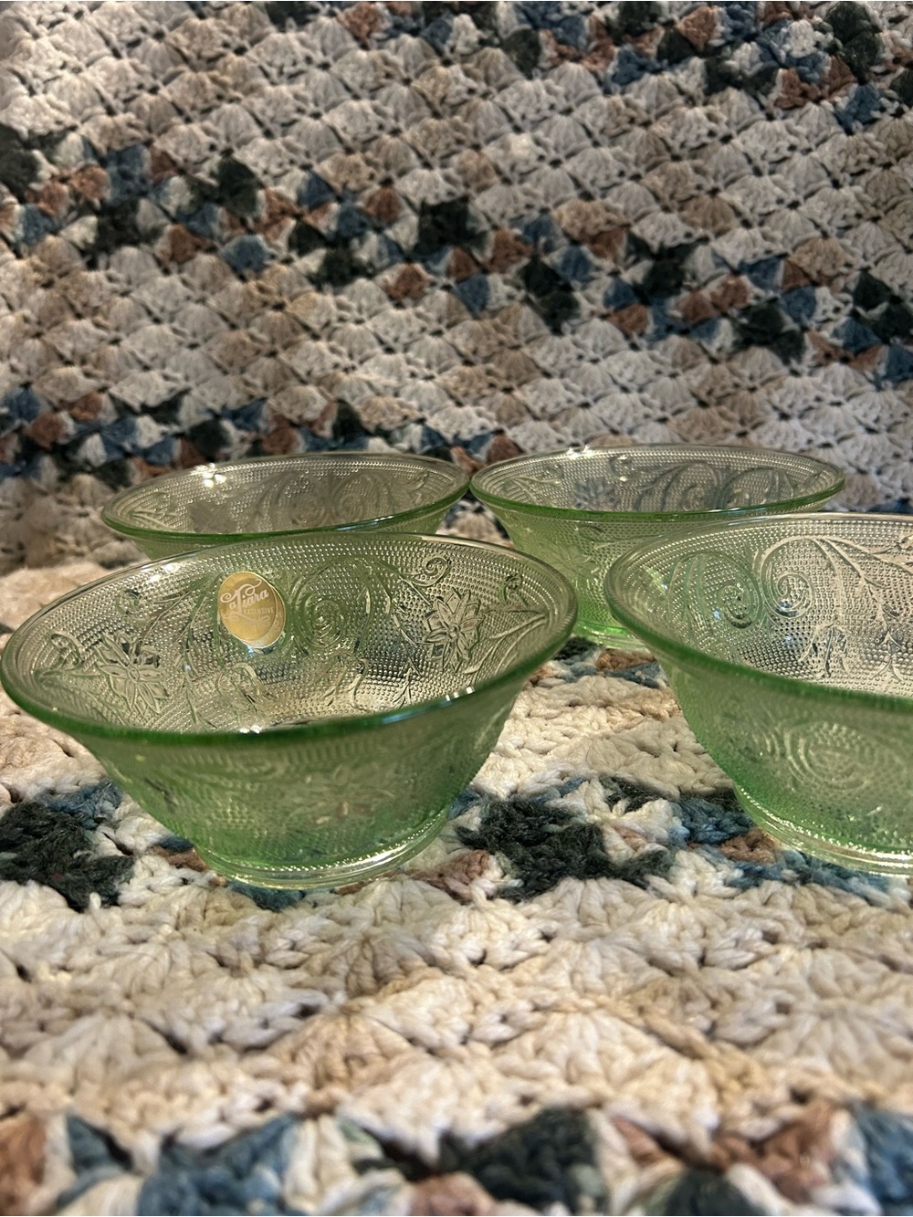 Vintage Tiara by Indiana Glass Chantilly Green Salad Bowls-set of 4